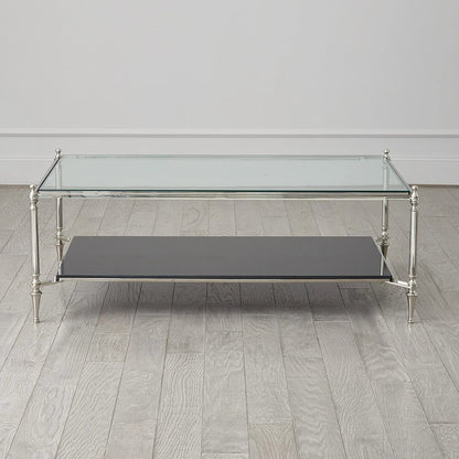 Medford Cocktail Table by Global Views in nickel. Made from brass, iron, stainless steel, glass, granite in a unique style.