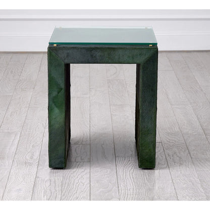 Posh Side Table by Global Views in hair. Made from mdf, hair on leather, brass, tempered glass in a unique style.