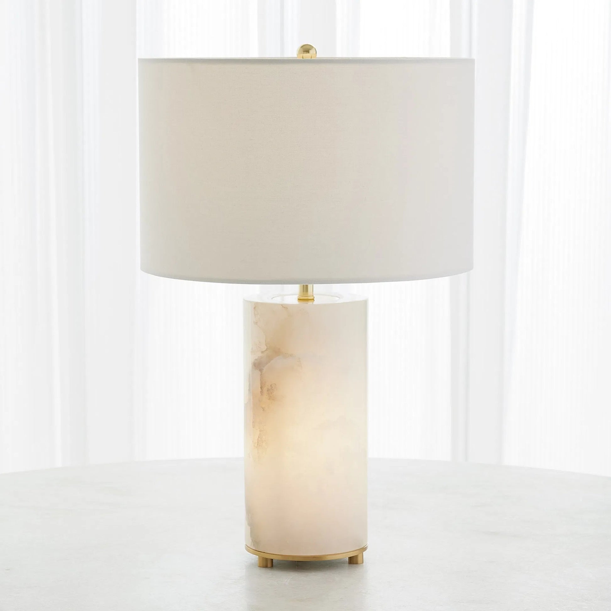 Alabaster Inner Light Lamp by Global Views in natural. Made from iron, brass, white indian alabaster, fabric in a modern style.