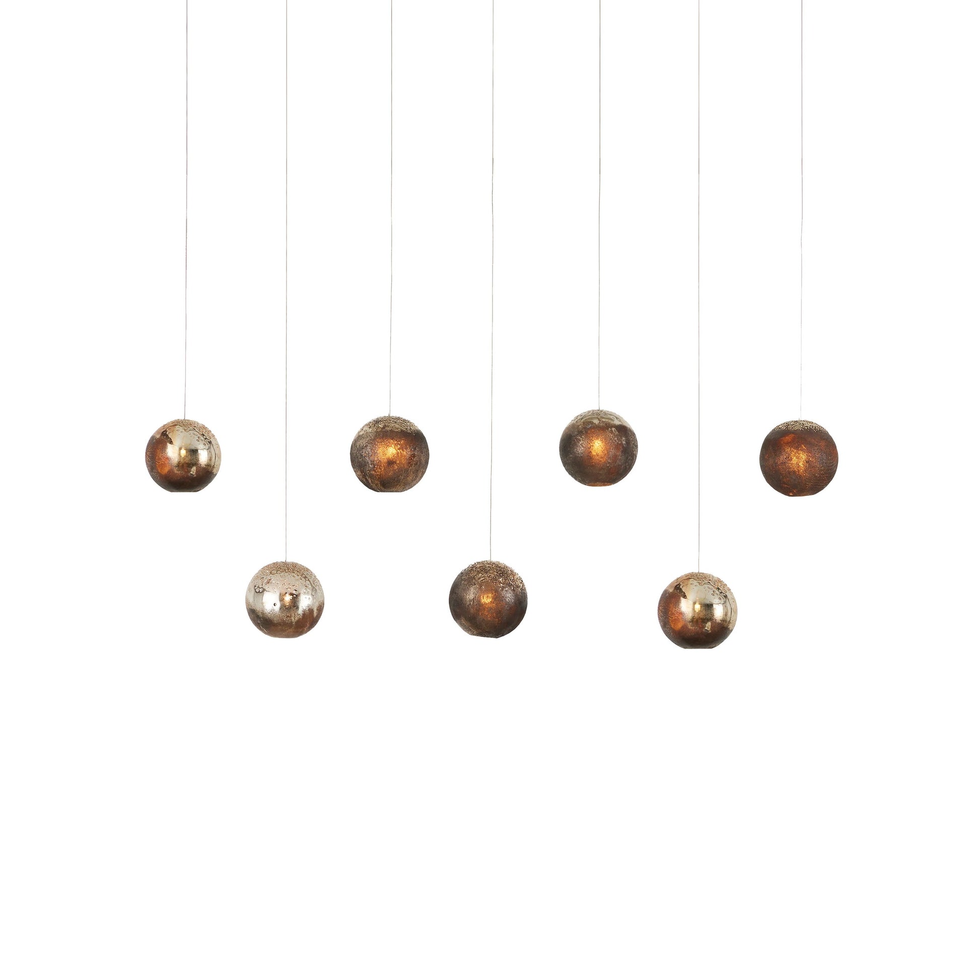 Pathos Rectangular 7-LIGHT Multi-Drop Pendant by Currey and Company in antique silver, antique gold, matte charcoal, silver. Made from glass in a modern style.