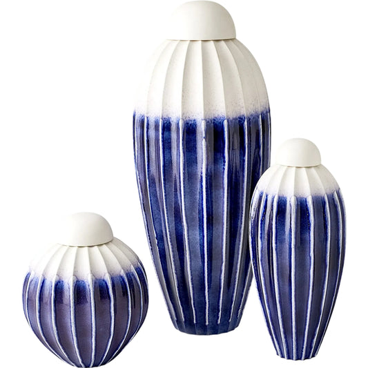 Fluted Jar with Lid by Global Views in cobalt and white. Made from unique in a unique style.