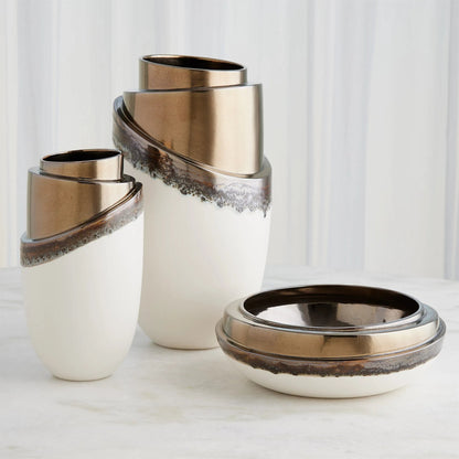 Slant Stack Vase by Global Views in reactive bronze. Made from earthenware (ceramic) in a modern style.