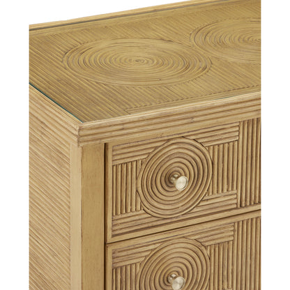 Santos 3-Drawer Chest by Currey and Company. Made from rattan, mahogany, glass, brass in a modern style.