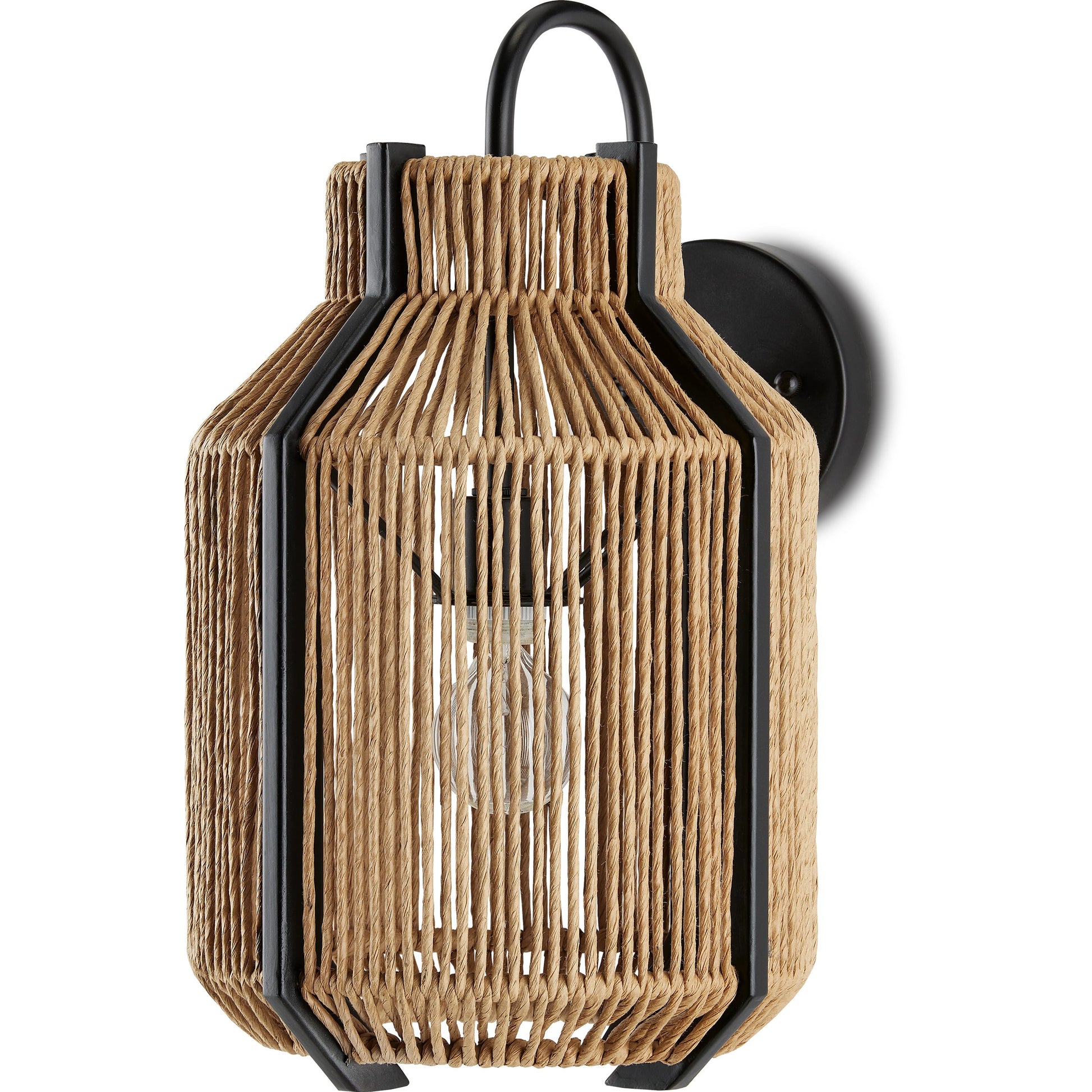 Mali Wall Sconce by Currey and Company in natural, satin black. Made from kraft paper twine, wrought iron in a coastal style.