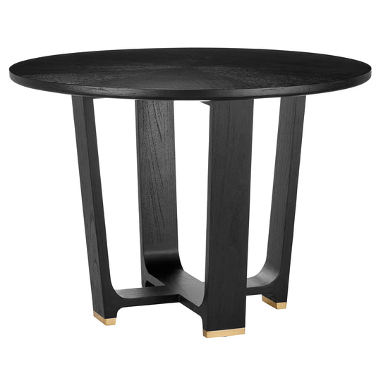 Blake Dining Table by Currey and Company in matte caviar black, polished brass. Made from mindi wood, brass in a modern style.