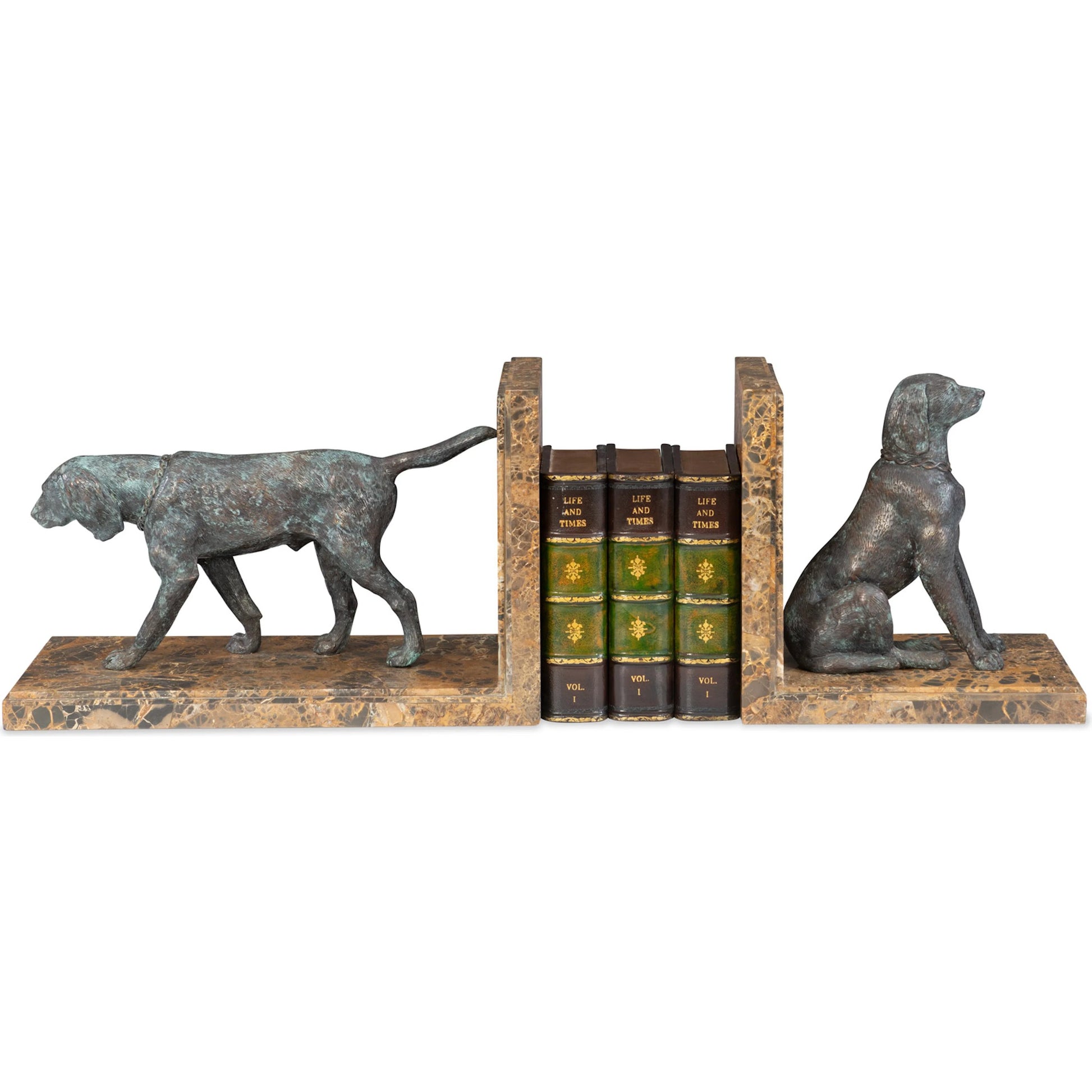 Hunting Dog Bookends by Maitland-Smith in verdigris. Made from unique in a unique style.