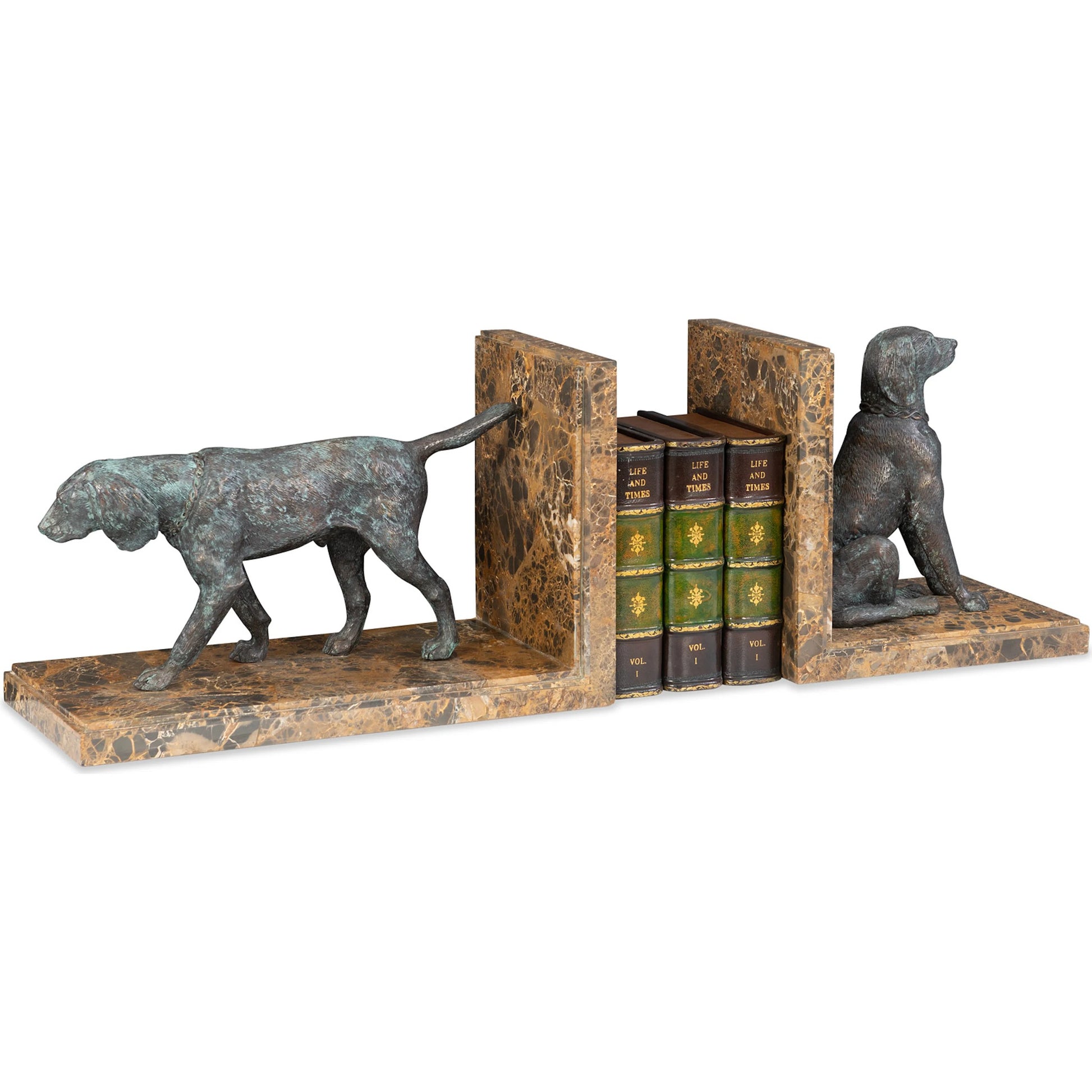 Hunting Dog Bookends by Maitland-Smith in verdigris. Made from unique in a modern style.