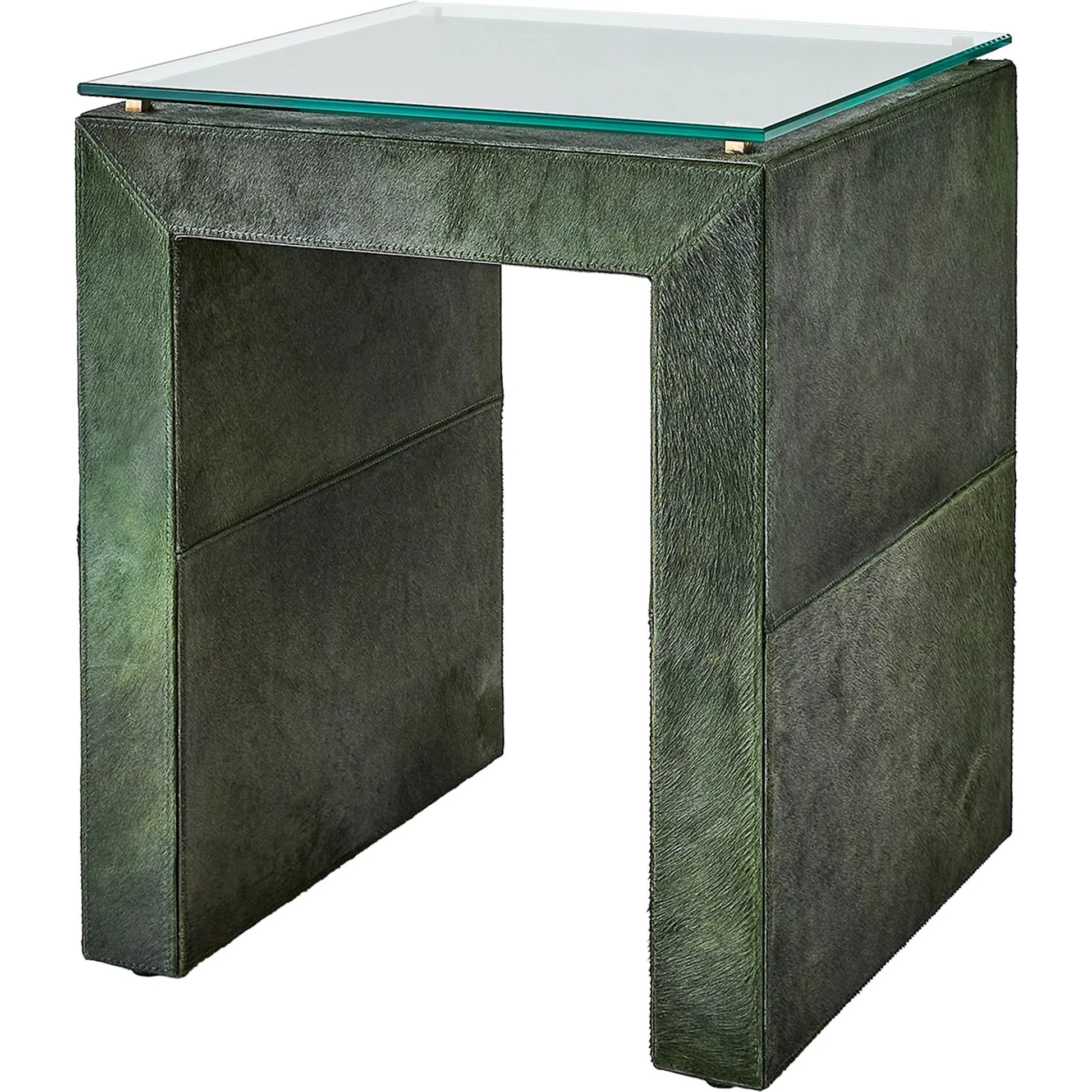 Posh Side Table by Global Views in hair. Made from mdf, hair on leather, brass, tempered glass in a unique style.
