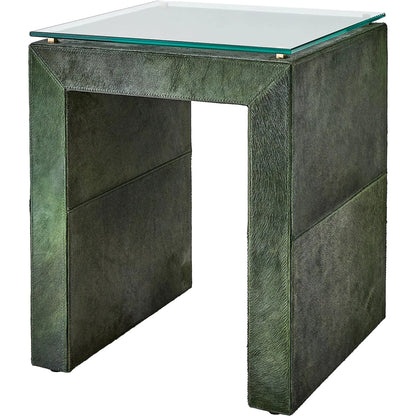 Posh Side Table by Global Views in hair. Made from mdf, hair on leather, brass, tempered glass in a unique style.