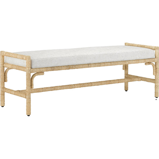 Olisa Bench by Currey and Company in pearl. Made from abaca rope, wrought iron, fabric in a coastal style.