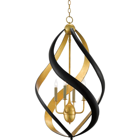 Trephine Chandelier by Currey and Company in contemporary gold leaf, satin black. Made from wrought iron in a modern style.