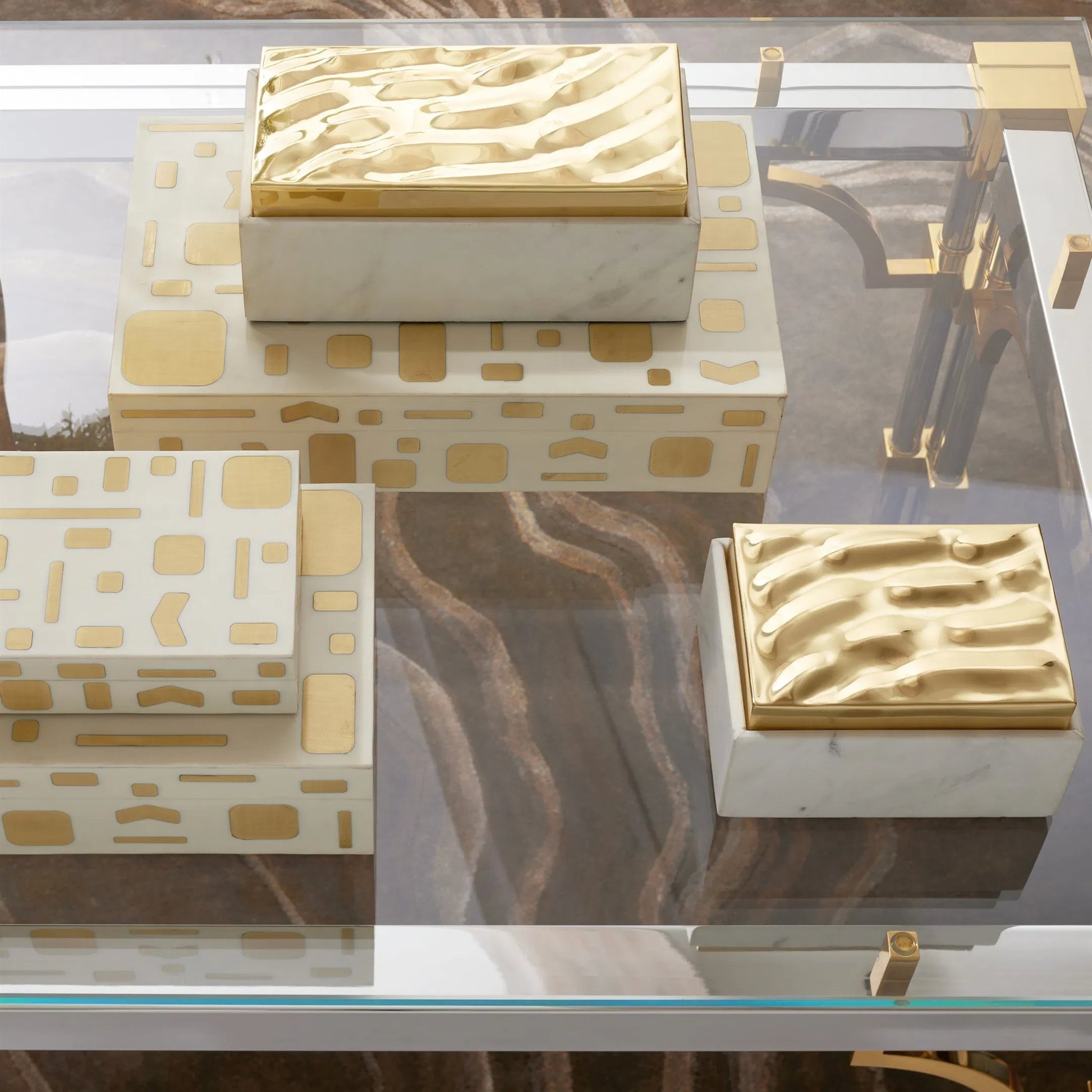 Brass Jali Box by Global Views. Made from mdf, resin, brass in a modern style.