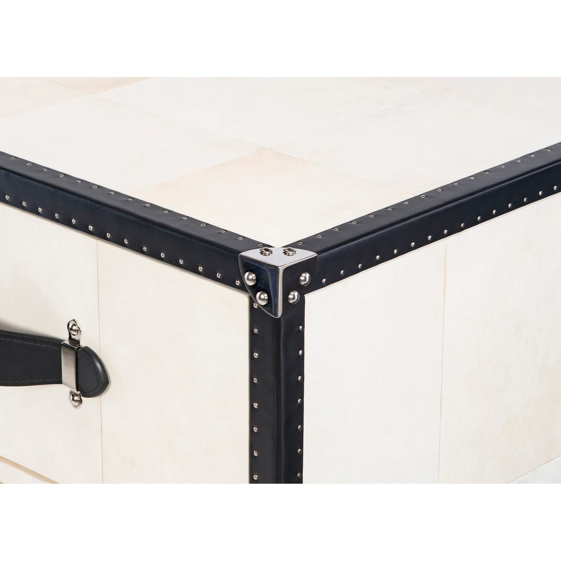 Hawkins Chest by Maitland-Smith in vellum, black leather. Made from unique in a traditional style.