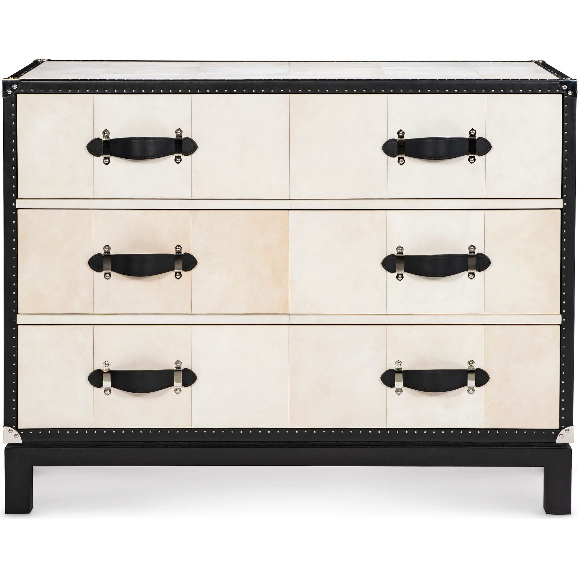 Hawkins Chest by Maitland-Smith in vellum, black leather. Made from unique in a traditional style.