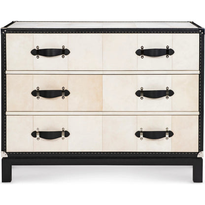Hawkins Chest by Maitland-Smith in vellum, black leather. Made from unique in a traditional style.