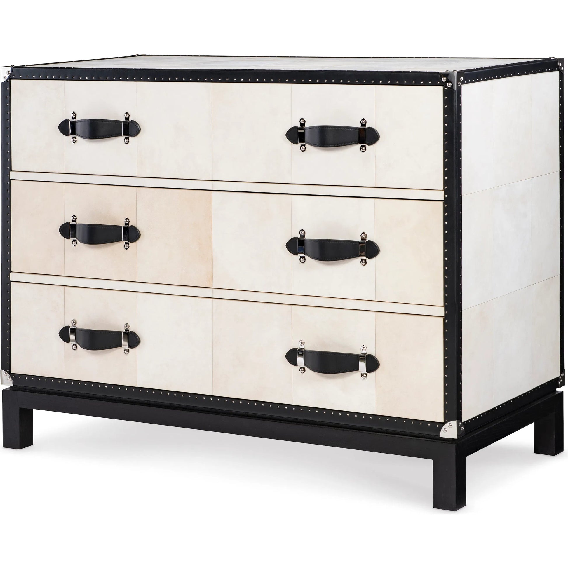 Hawkins Chest by Maitland-Smith in vellum, black leather. Made from unique in a traditional style.