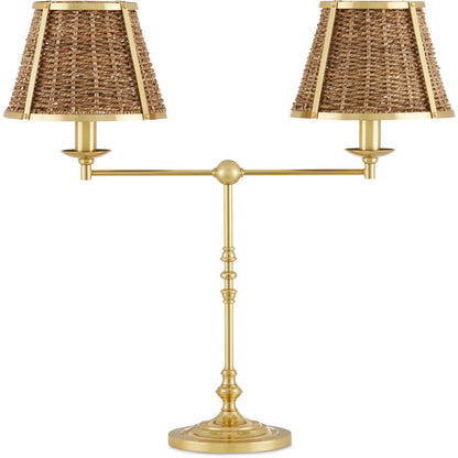 Deauville Desk Lamp by Currey and Company in polished brass, natural. Made from metal, seagrass in a cottage & farmhouse style.