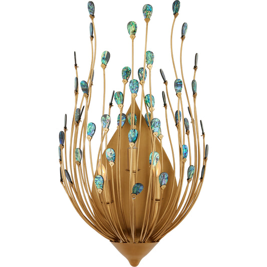 Delphos Wall Sconce by Currey and Company in contemporary gold, natural. Made from wrought iron, new zealand paua shell in a modern style.