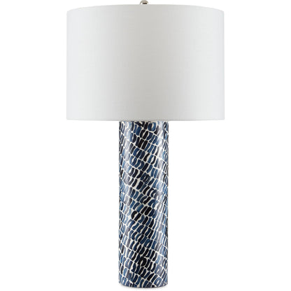Indigo Table Lamp by Currey and Company in blue, white. Made from composite, wood, bone in a coastal style.