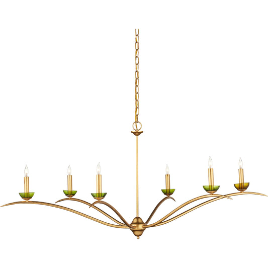 Flannery Chandelier by Currey and Company in contemporary gold leaf, green. Made from wrought iron, recycled bottle glass in a modern style.