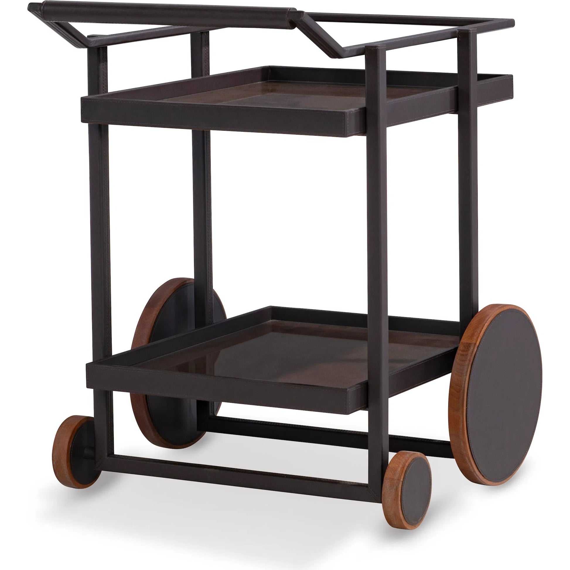 Dakota Side Cart by Maitland-Smith in black leather, english walnut. Made from unique in a unique style.
