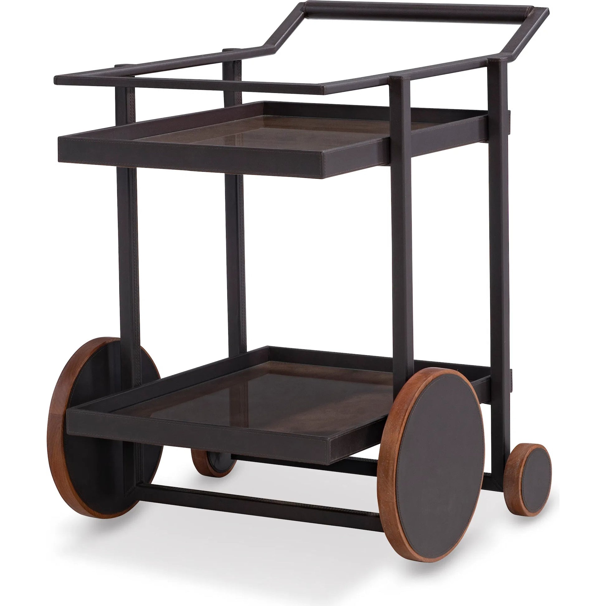 Dakota Side Cart by Maitland-Smith in black leather, english walnut. Made from unique in a unique style.