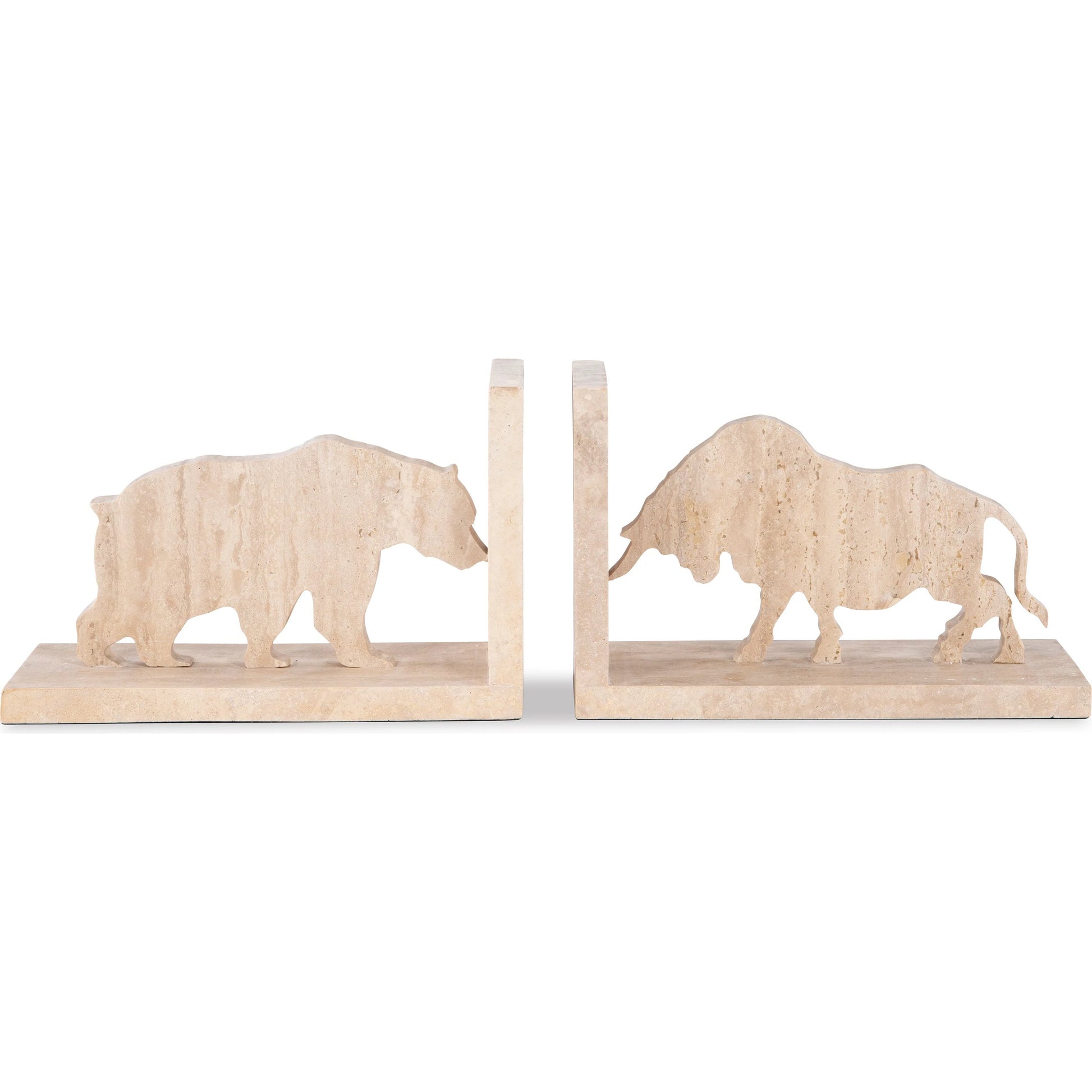Bull, Bear Bookend by Maitland-Smith in honed travertine. Made from unique in a transitional style.