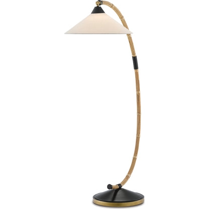 Lisbon Floor Lamp by Currey and Company in natural, rattan, new brass, satin black. Made from wrought iron, rattan in a modern style.
