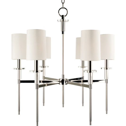 Amherst Chandelier by Hudson Valley in polished nickel. Made from steel in a modern style.