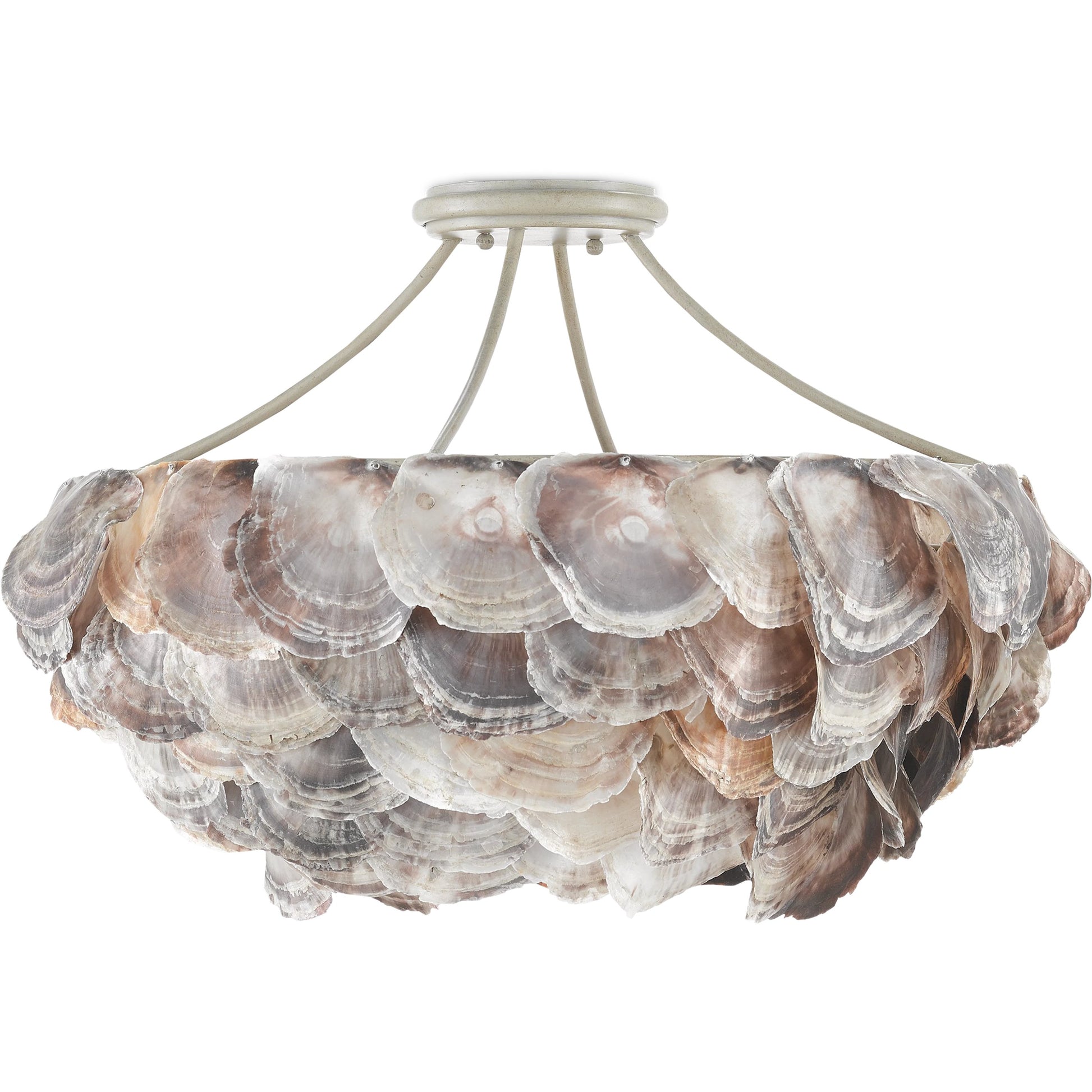 Seahouse Chandelier by Currey and Company in smokewood, natural shell. Made from wrought iron, capiz shell in a coastal style.