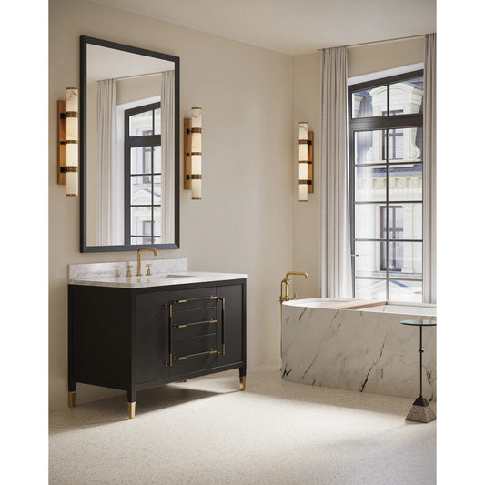 Verona 48" Vanity with Undermount Sink by Currey and Company in black, natural, white, champagne. Made from lacquered linen, mahogany, engineered wood, carrara marble, vitreous china, metal in a modern style.