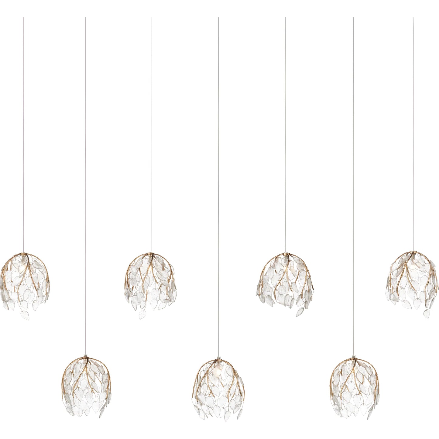 001 SI-2524234 | Primary Silo | Banyan 7-Light Linear Multi-Drop Pendant by Currey and Company in antique brass, clear, silver. Made from metal, glass in a modern style.