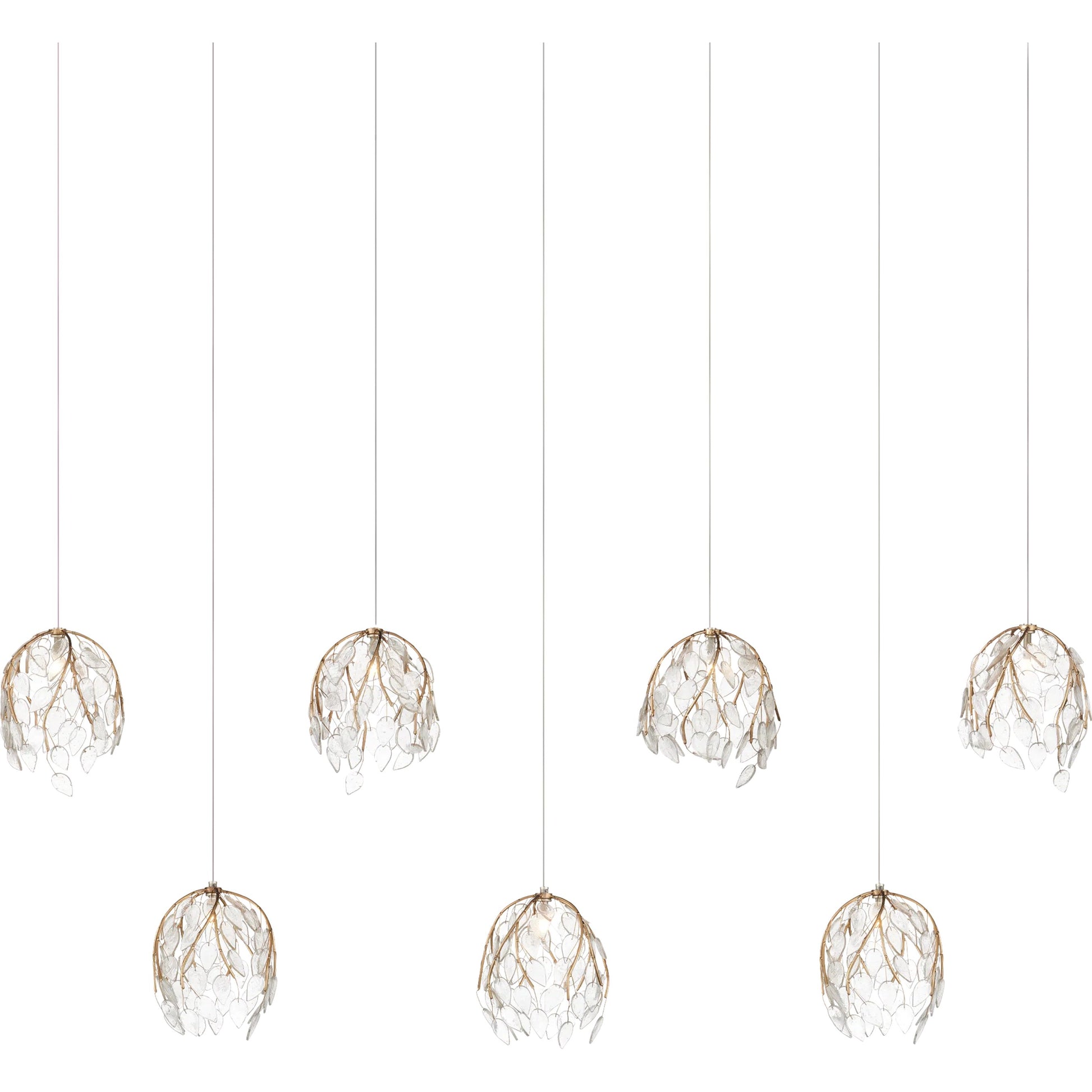 Banyan 7-Light Linear Multi-Drop Pendant by Currey and Company in antique brass, clear, silver. Made from metal, glass in a modern style.