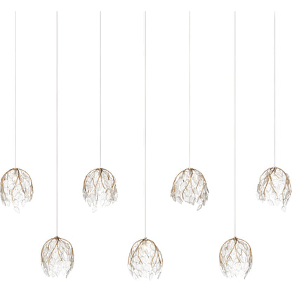 Banyan 7-Light Linear Multi-Drop Pendant by Currey and Company in antique brass, clear, silver. Made from metal, glass in a modern style.