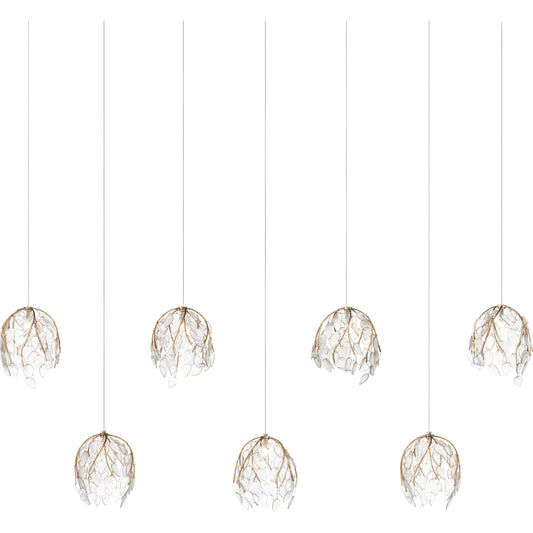 Banyan 7-Light Linear Multi-Drop Pendant by Currey and Company in antique brass, clear, silver. Made from metal, glass in a modern style.