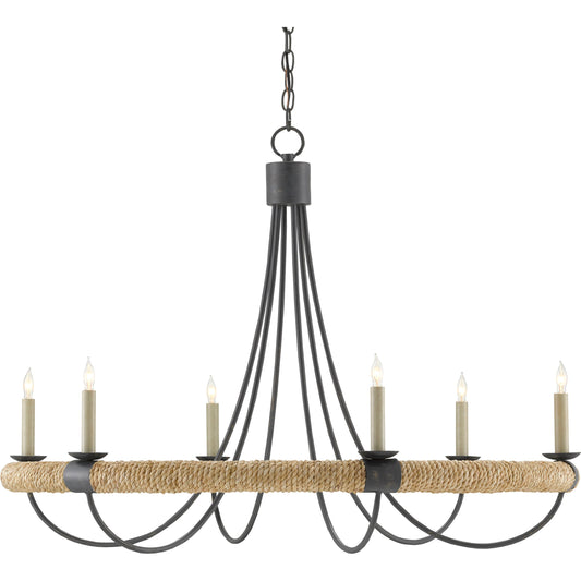 Shipwright Chandelier by Currey and Company in french black, smokewood, natural abaca rope. Made from wrought iron, abaca rope in a cottage & farmhouse style.