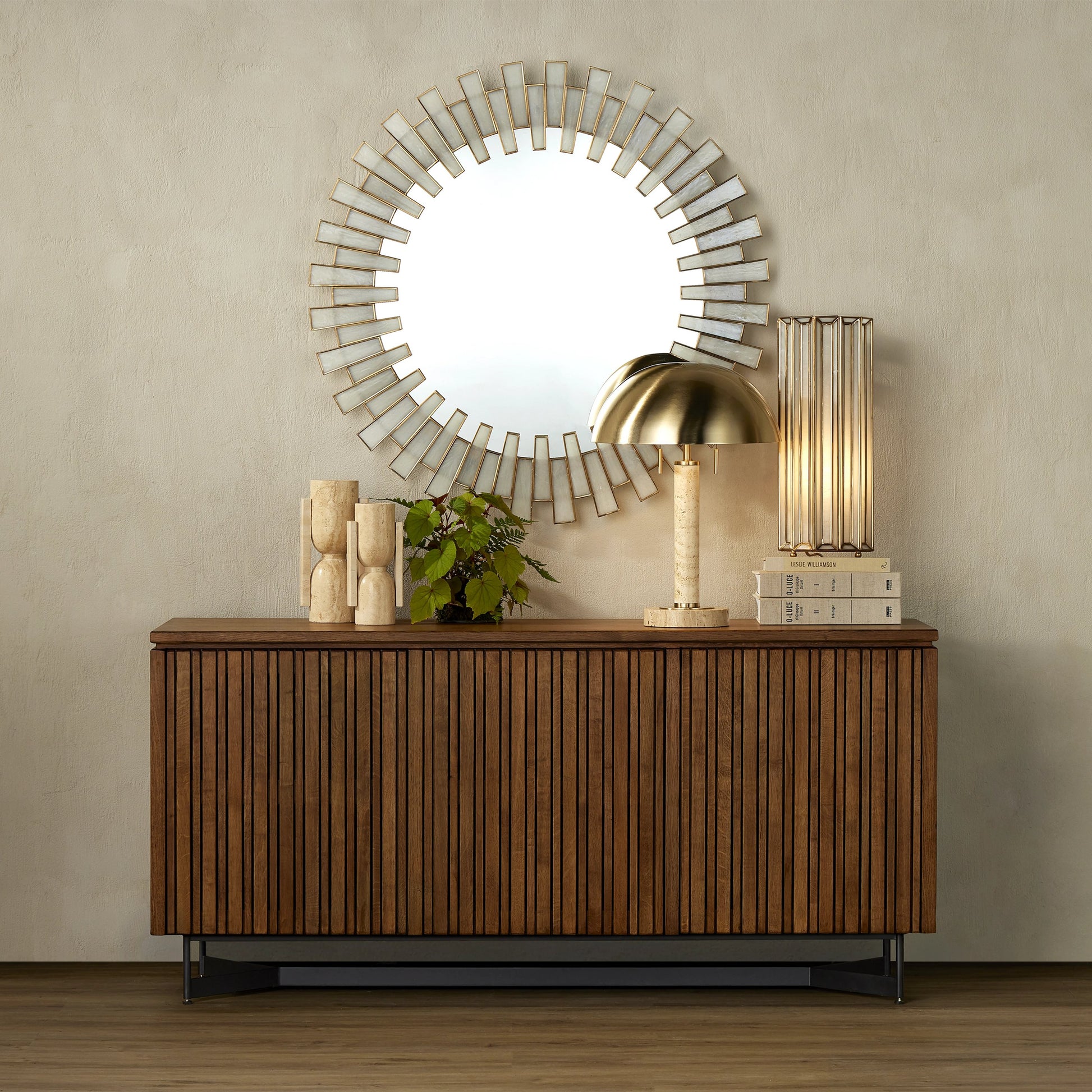 Miles Table Lamp by Currey and Company in brass, natural. Made from metal, travertine in a modern style.