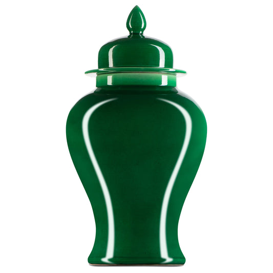 Imperial Green Temple Jar by Currey and Company in imperial green. Made from porcelain in a modern style.