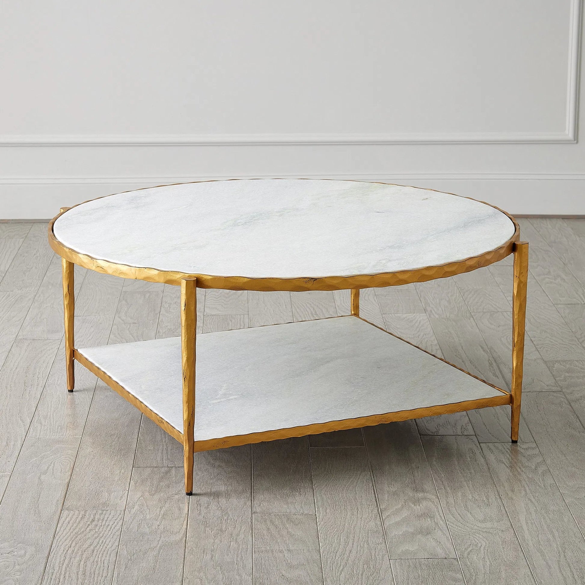 Circle/Square Cocktail Table by Global Views in gold with white marble. Made from iron, marble in a modern style.