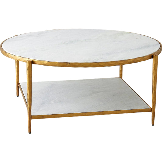 Circle/Square Cocktail Table by Global Views in gold with white marble. Made from iron, marble in a unique style.
