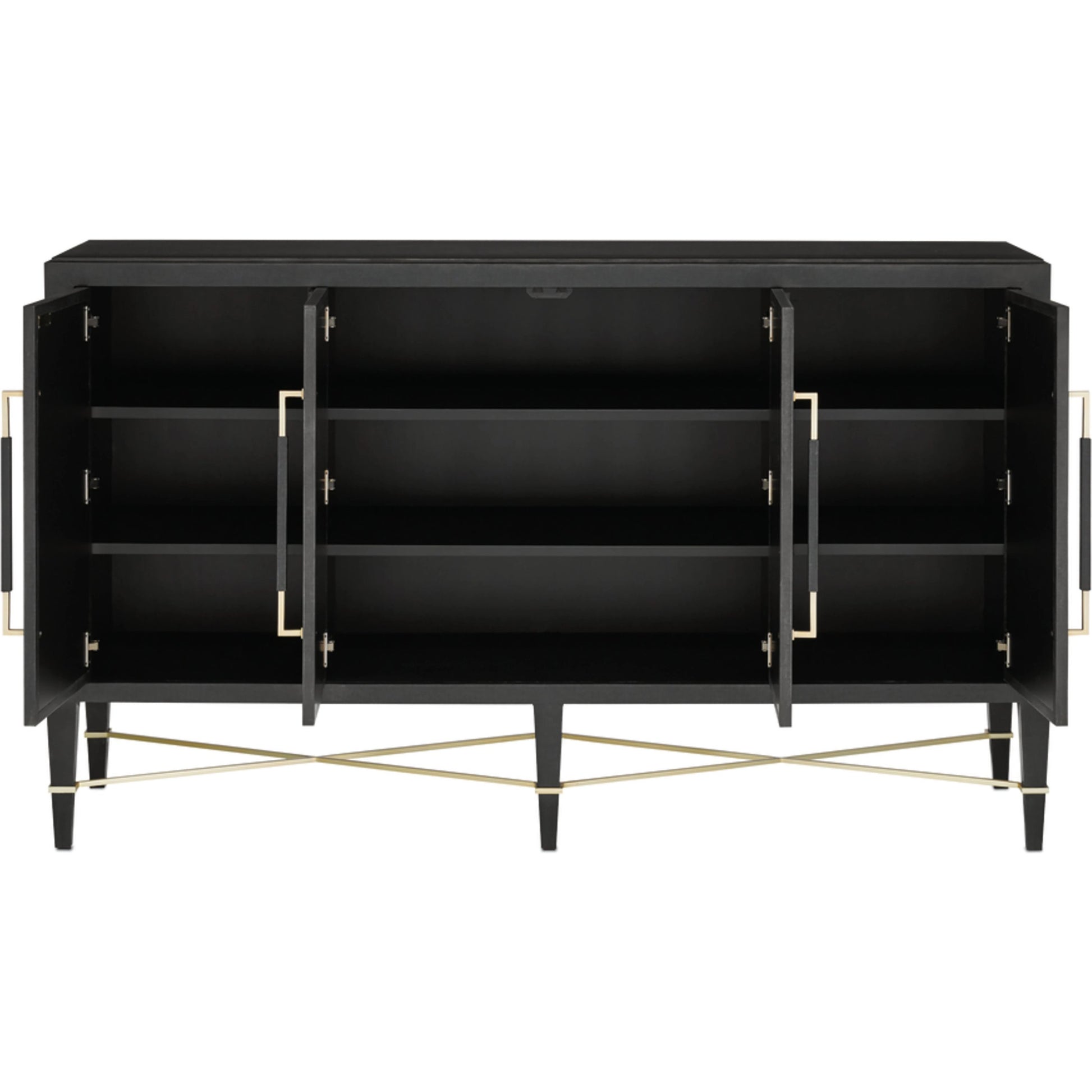 Verona Sideboard by Currey and Company in black lacquered linen, champagne stretchers, linen wrapped cha. Made from solid wood, engineered hardwood in a transitional style.