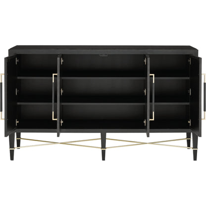 Verona Sideboard by Currey and Company in black lacquered linen, champagne stretchers, linen wrapped cha. Made from solid wood, engineered hardwood in a transitional style.