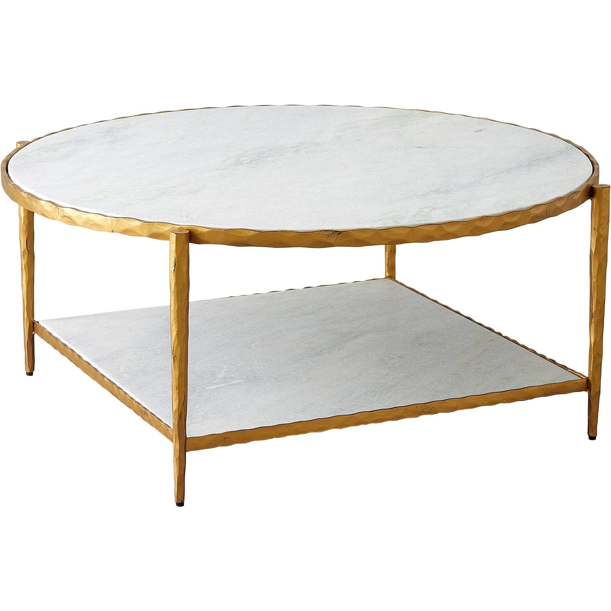 Circle/Square Cocktail Table by Global Views in gold with white marble. Made from iron, marble in a modern style.