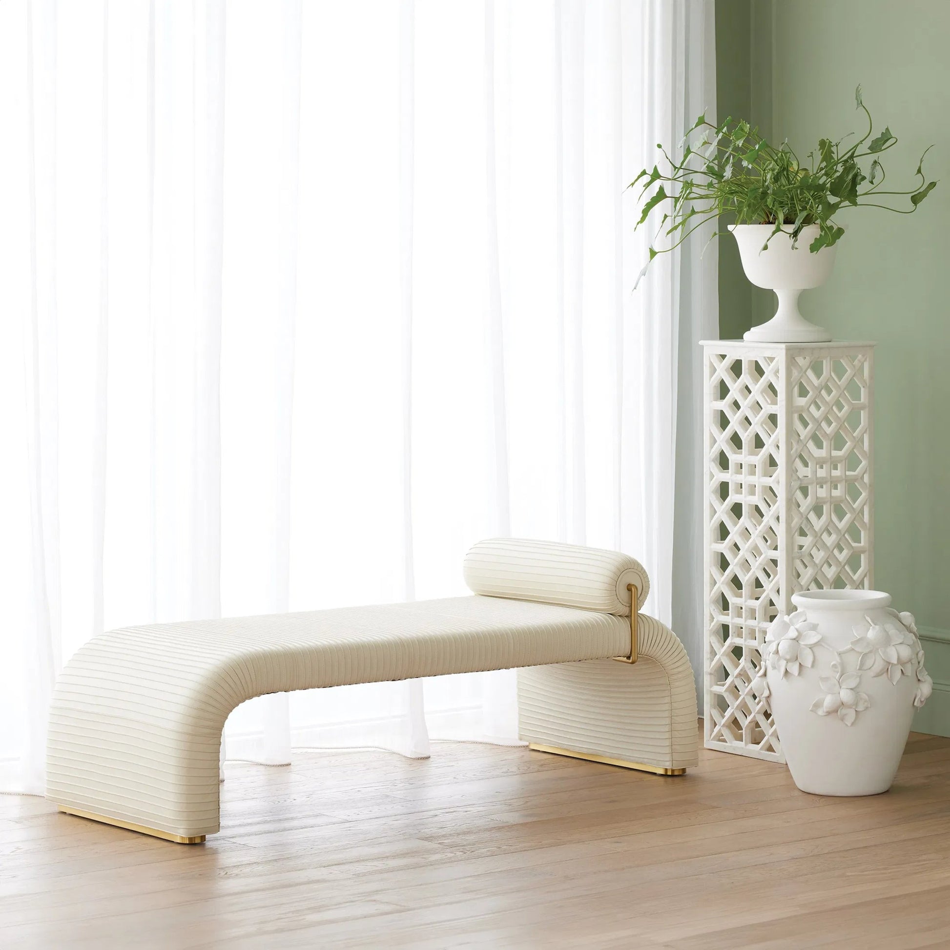 Fret Pedestal by Global Views. Made from hand carved honed white marble in a transitional style.