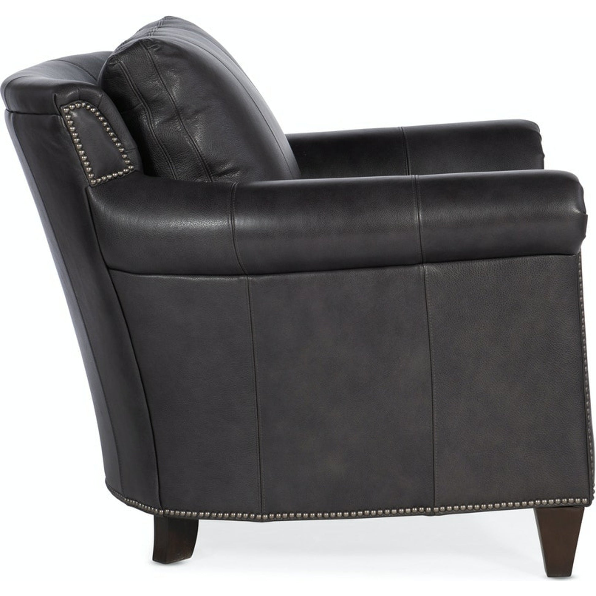 Richardson Stationary Chair by Bradington-Young by Hooker Furniture in charcoal and plantation finish, gunmetal. Made from 100% leather in a unique style.