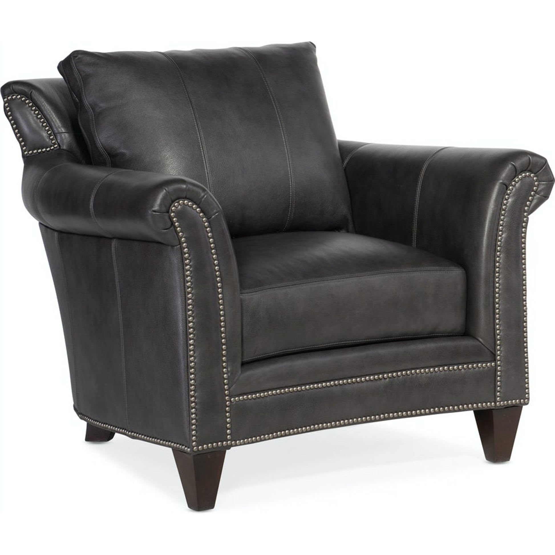 Richardson Stationary Chair by Bradington-Young by Hooker Furniture in charcoal and plantation finish, gunmetal. Made from 100% leather in a unique style.