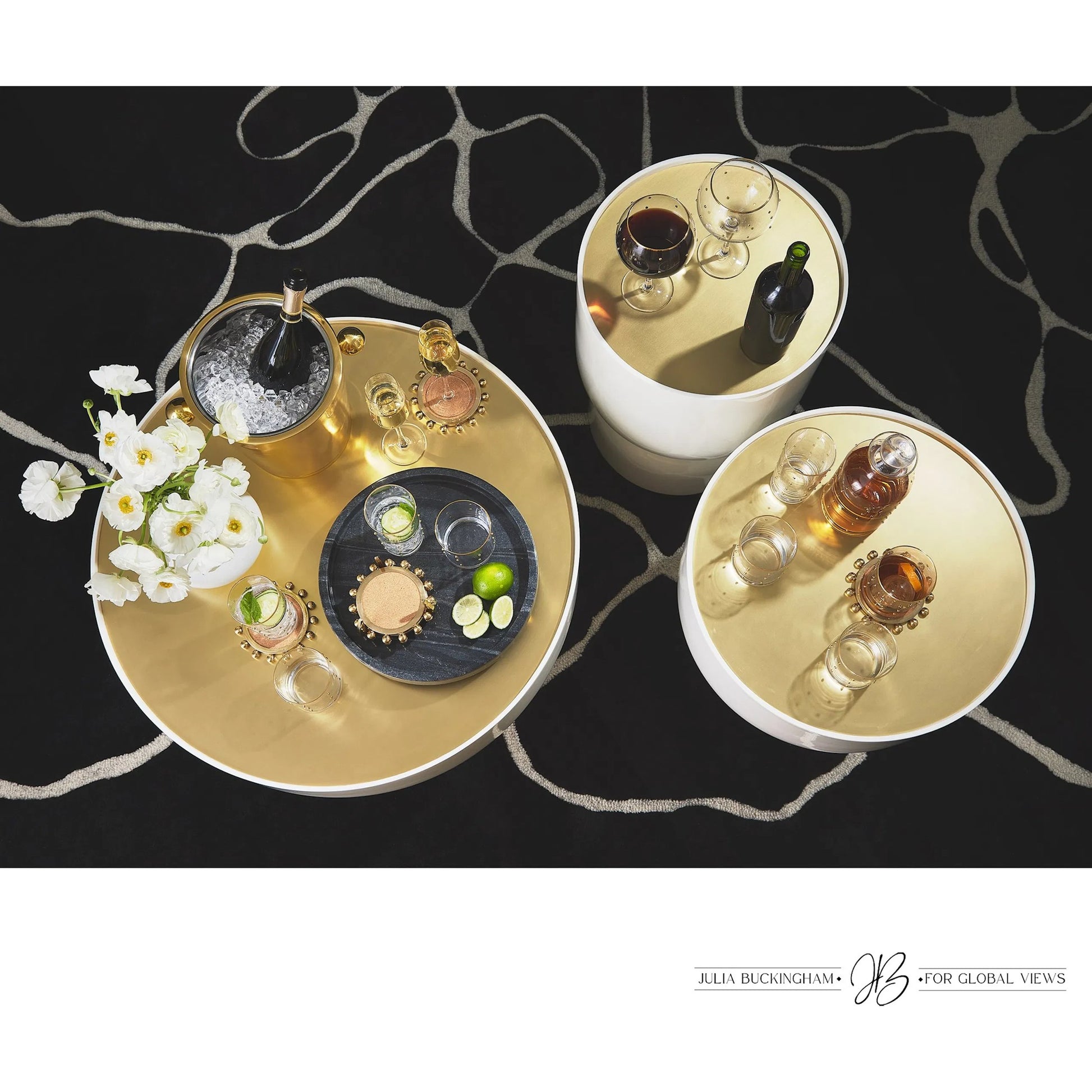 Three Kings Side Table by Global Views in gold, white, off-white and white lacquer. Made from unique in a transitional style.