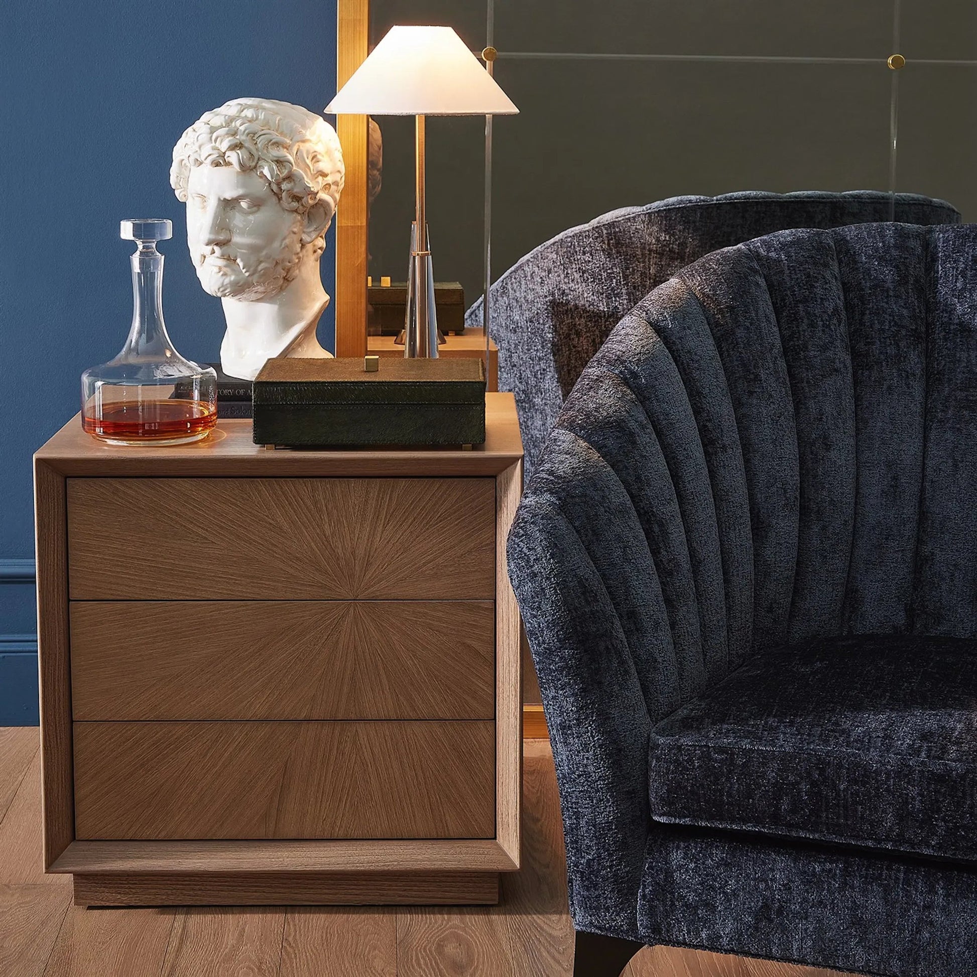 Luxe Lounge Chair by Global Views in indigo and walnut. Made from unique in a unique style.