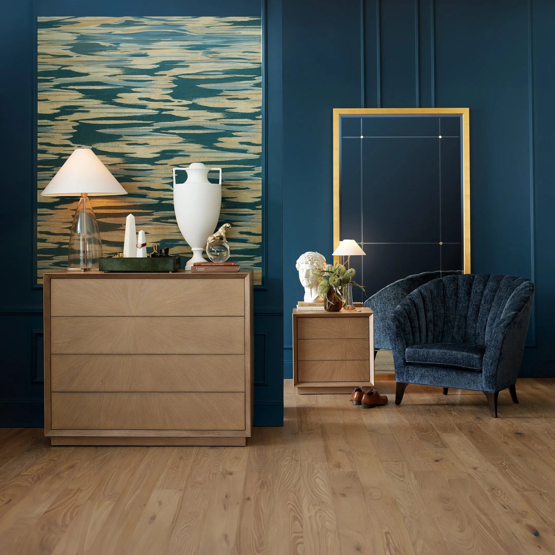 Luxe Lounge Chair by Global Views in indigo and walnut. Made from unique in a unique style.