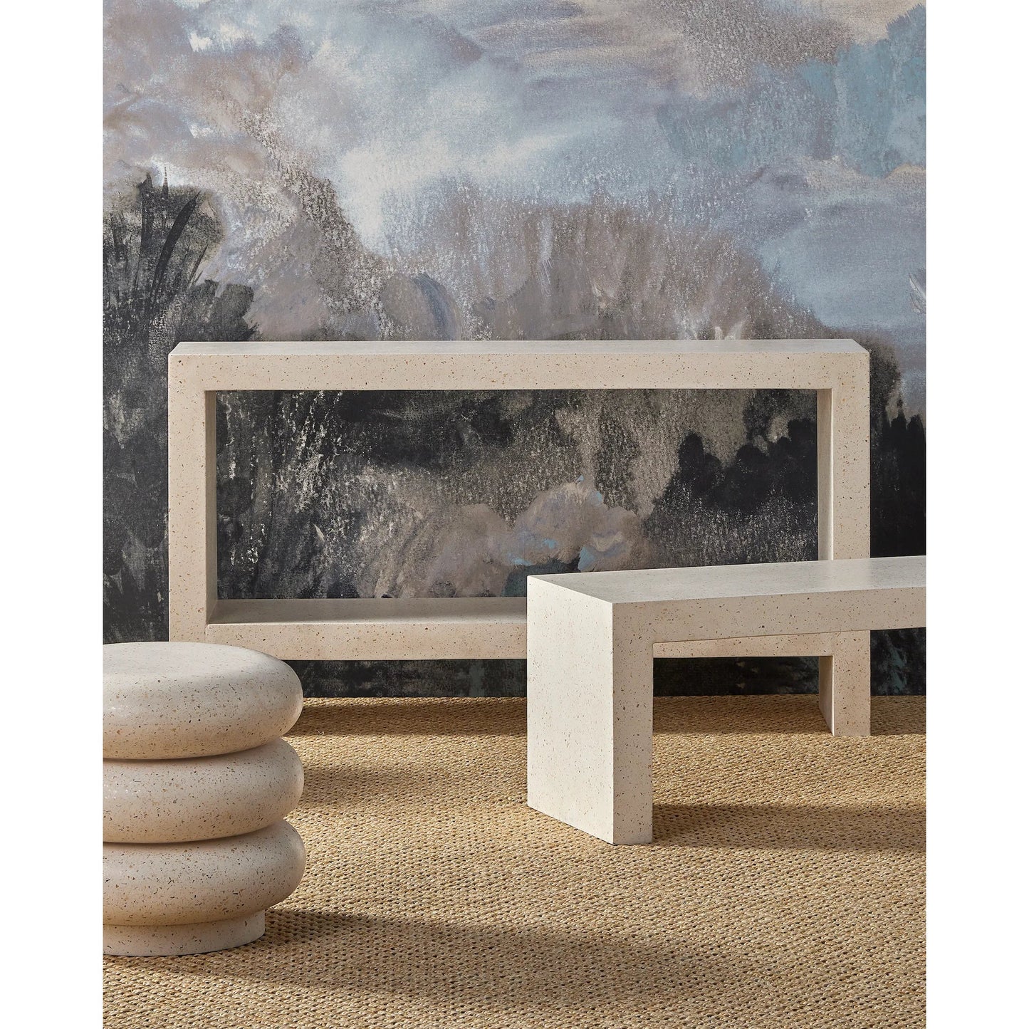 007 SI-2257240 | Lifestyle | Carson Console Table by Currey and Company in ivory terrazzo. Made from fiber concrete, stone, shell in a transitional style.